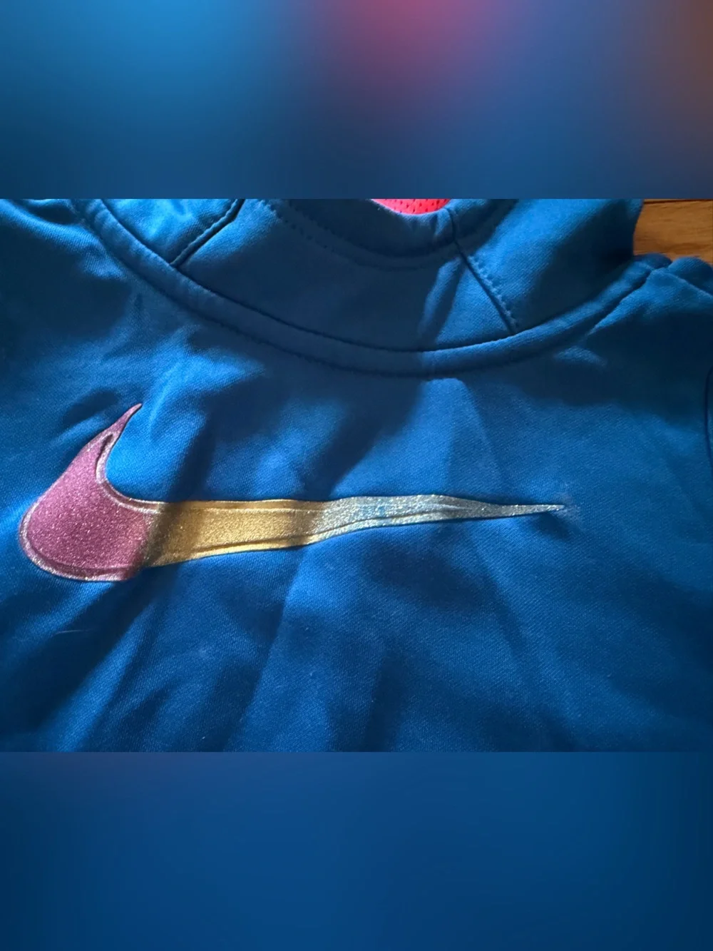 Nike Blue Hoodie with Pink Lined Hood and Multicolor Swoosh